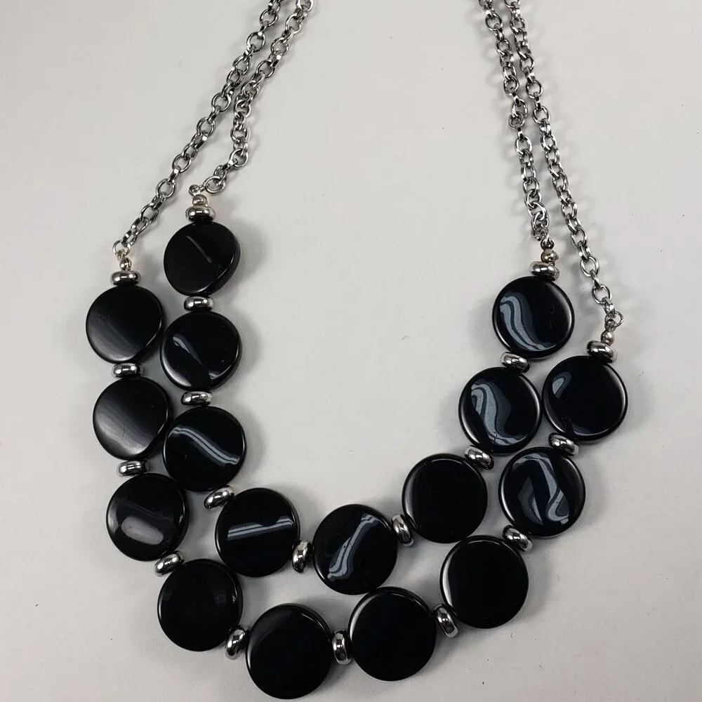 Elegant Black Beaded Necklace & Earrings Set – Layered Silver Statement Jewelry